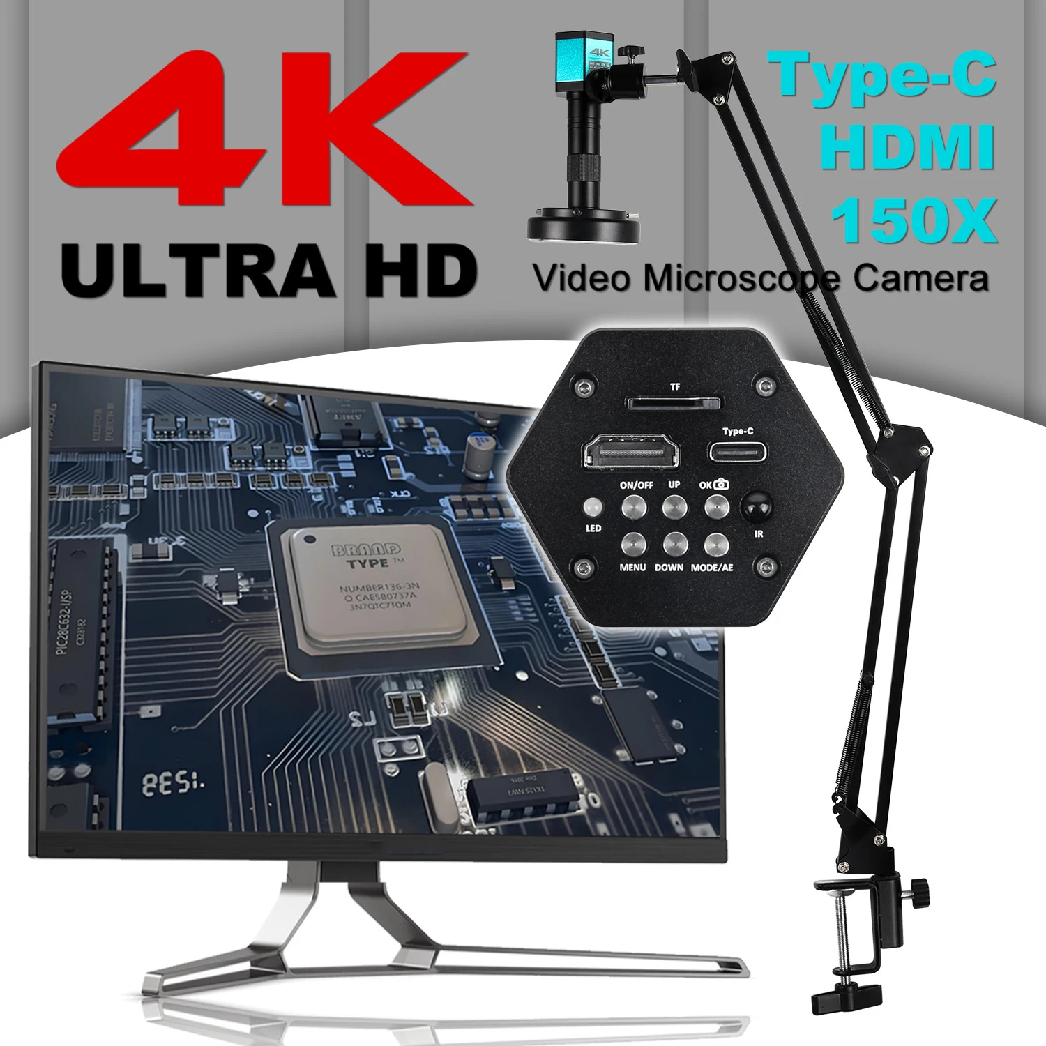 Digital Microscope 4K FULL HD HDMI VGA 1080P Industrial Camera C-Mount via Type Measurement 150x Lens